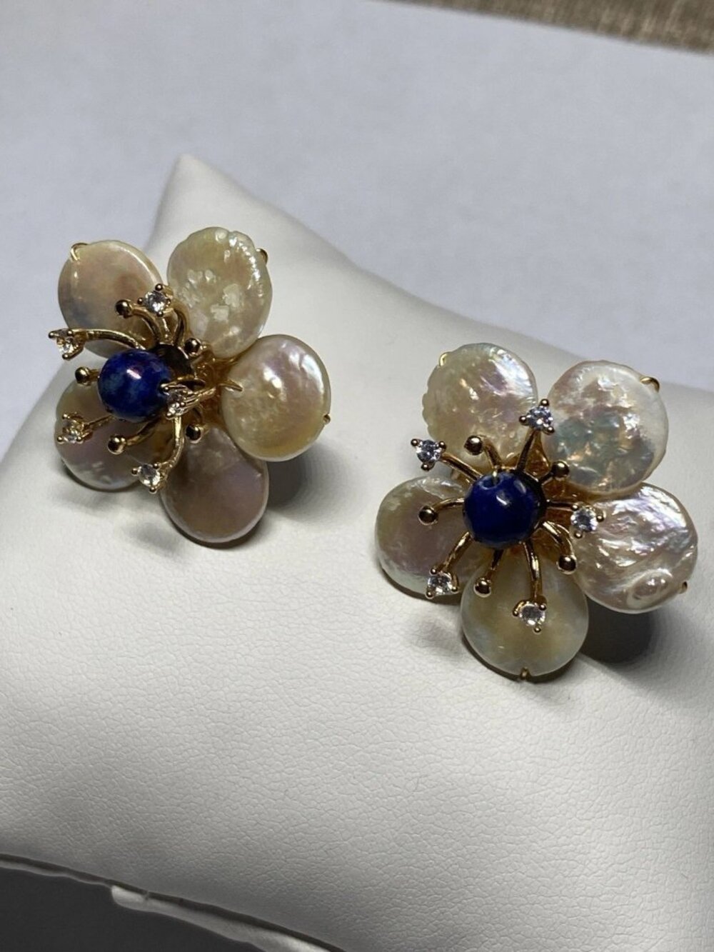 Sterling Silver Baroque Pearl Flower Earrings Lapis Lazuli Statement Vintage